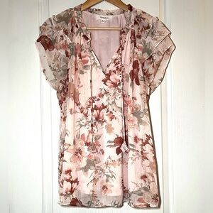 Haver & Blair London Floral Ruffle Sheer Overlay Blouse Cottagecore Feminine, XL